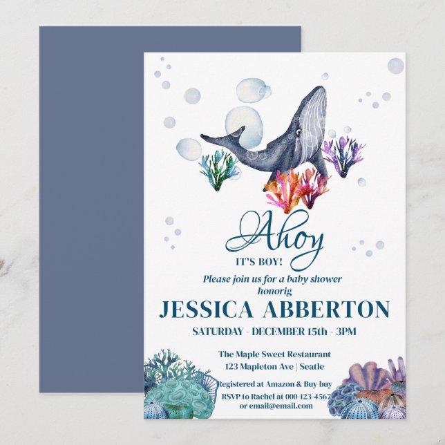 Invitation Baleine aquatique sous le Baby shower marin (Devant / Derrière)