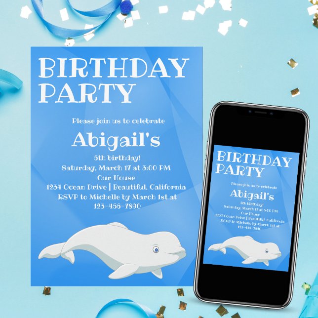 Invitation Baleine Beluga Bleu et Blanc Océan Arctique Annive (Créateur téléchargé)