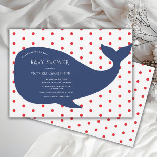 Invitation Baleine bleue Baby shower Polkadot rouge
