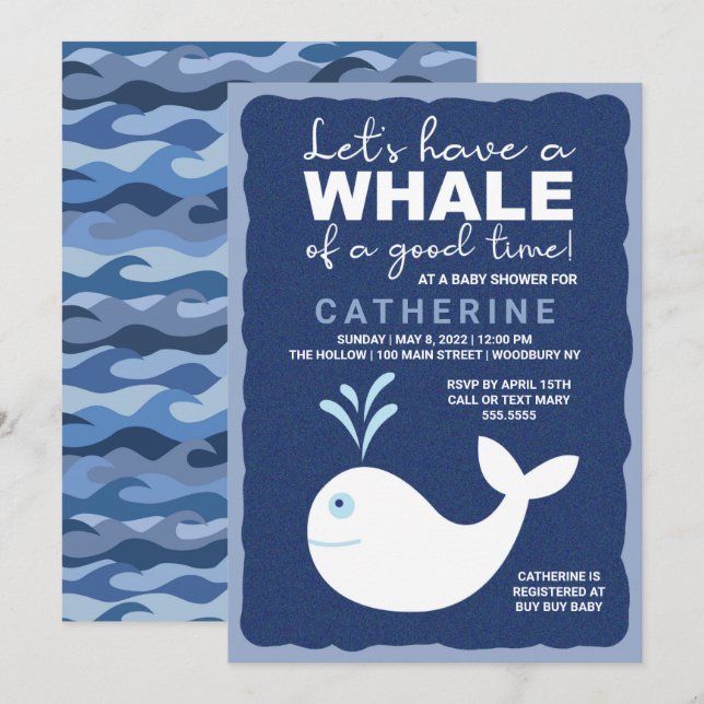 Invitation Baleine de bon temps ! Baby shower bleu (Devant / Derrière)
