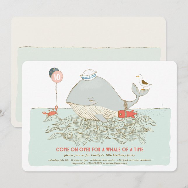 Invitation Baleine d'un temps Anniversaire Pool Party Invitat (Devant / Derrière)