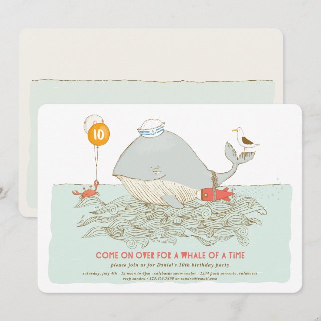 Invitation Baleine d'un temps Anniversaire Pool Party Invitat (Devant / Derrière)