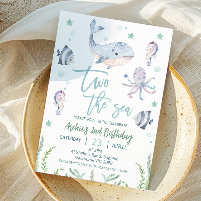 Invitation Baleine grise Deux la mer 2e anniversaire Invitati (Boys TWO the Sea 2nd Birthday Party Invitation, Cute Whale Under the Sea Second birthday Invite )