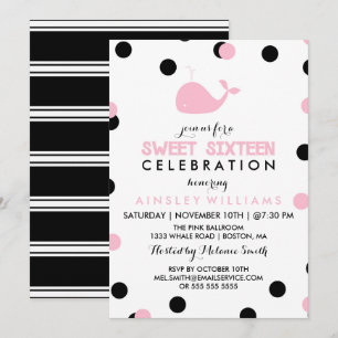 Invitation Baleine mignonne Sweet sixteen noir et rose