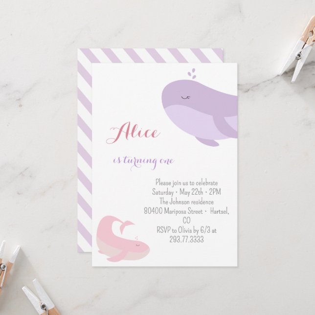 Invitation Baleine rose Lilac Poisson de mer 1ère fête d'anni (Devant/Arrière en situation)