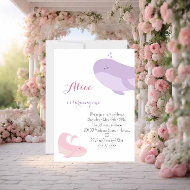 Invitation Baleine rose Lilac Poisson de mer 1ère fête d'anni (Créateur téléchargé)
