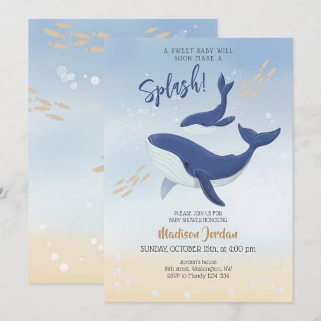 Invitation Baleine sous l'invitation du Baby shower marin (Devant / Derrière)
