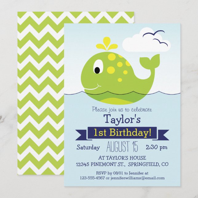 Invitation Baleine verte fête d'anniversaire (Devant / Derrière)