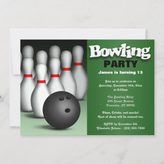 Invitation Ball & Pins Green Bowling fête d'anniversaire
