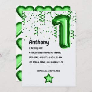 Invitation Balle à huile verte 1er appel d'anniversaire