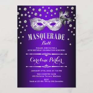 Invitation Balle d'anniversaire en argent violet mascarade