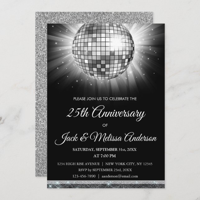 Invitation Balle de disco argentée pour fête d'anniversaire d (Devant / Derrière)