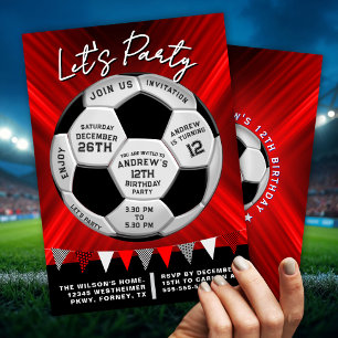 Invitation Balle de foot sportives Rouge Explosion Anniversai
