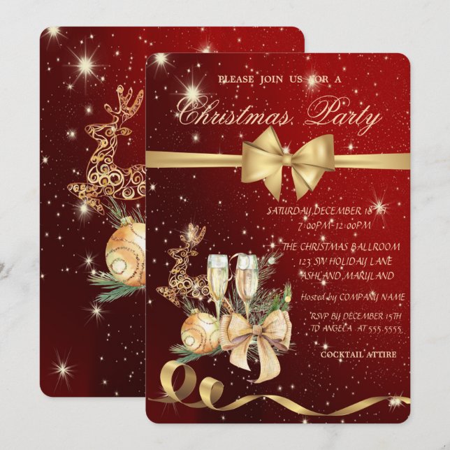 Invitation Balle de Noël, Bow, Reindeder Fête de Noël Invit (Devant / Derrière)