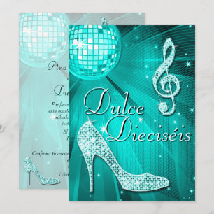 Invitation Balle disco sarcelle espagnole et talons à paillet