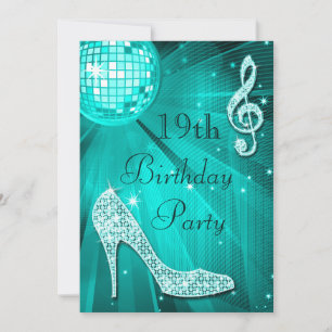 Invitation Balle disco sarcelle et talons scintillants 19e an