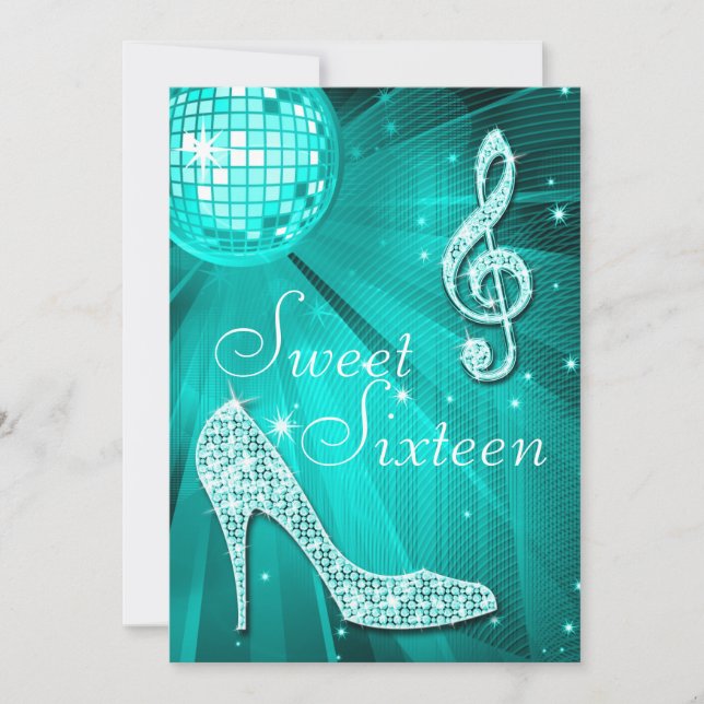 Invitation Balle Disco turquoise et talons étincelants doux 1 (Devant)