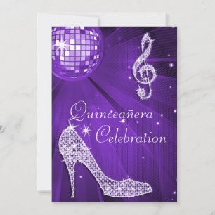 Invitation Balle en disco violet talons étincelants Quinceañe