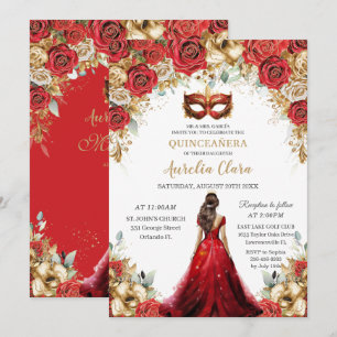 Invitation Balle en or rouge Quinceañera Roses Floral Masquer