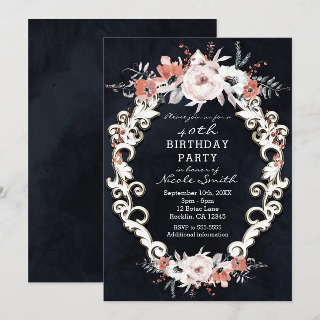 Invitation Balle florale pâle foncée Élégante fête d'annivers (Devant / Derrière)