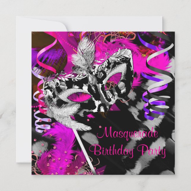 Invitation Balle Masquerade d'anniversaire Noir Argent rose (Devant)
