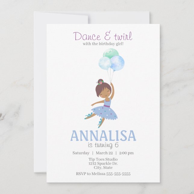 Invitation Ballerina Anniversaire, Danse et Twirl Tutu (Devant)