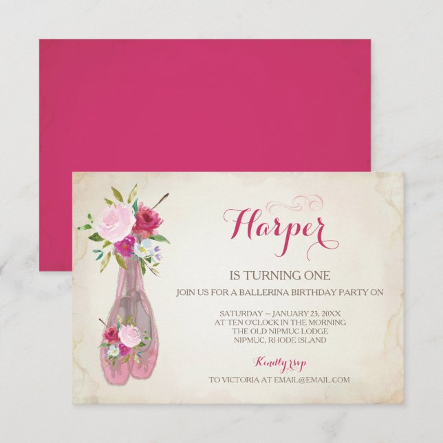 Invitation Ballerina Anniversaire rose (Devant / Derrière)