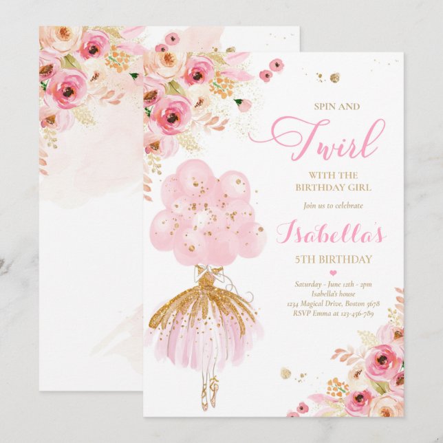 Invitation Ballerina Anniversaire rose et or Floral Ballerina (Devant / Derrière)