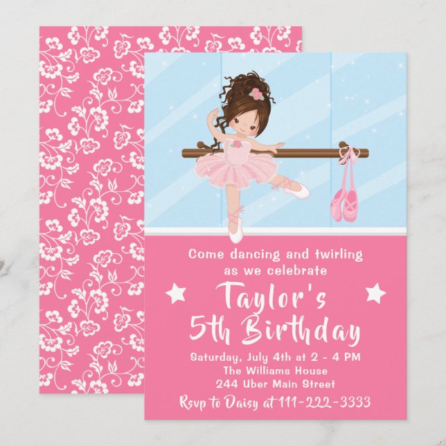 Invitation Ballerina aux cheveux Brown en rose Tutu Anniversa (Devant / Derrière)