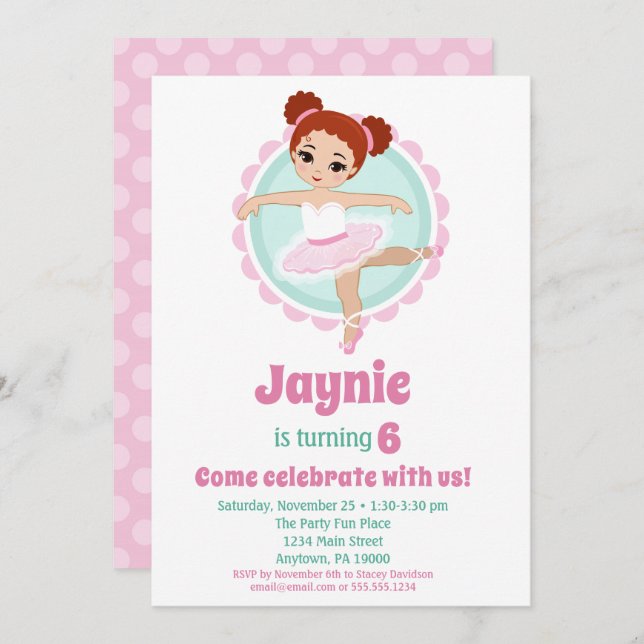 Invitation Ballerina Ballet de Redhead Danse Anniversaire (Devant / Derrière)
