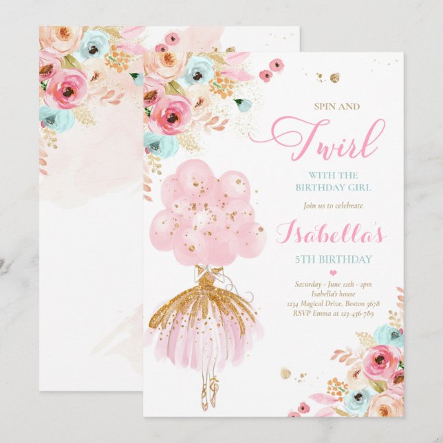 Invitation Ballerina Birthday Pink Mint & Gold Floral Ballet (Devant / Derrière)