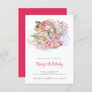 Invitation Ballerina Chat Florals Fille rose 5e fête d'annive