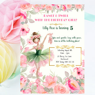 Invitation Ballerina en rose et vert Tutu Floral Anniversaire