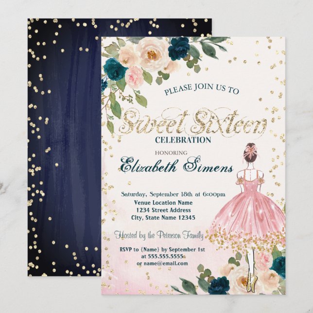 Invitation Ballerina Fleurs Diamants Marine Blue Sweet 16 (Devant / Derrière)