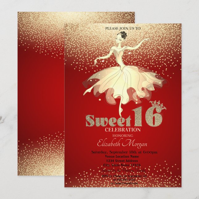Invitation Ballerina, Gold Confetti Parties scintillant Rouge (Devant / Derrière)
