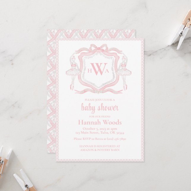 Invitation Ballerina Monogram Grandmillennial Baby shower (Devant/Arrière en situation)