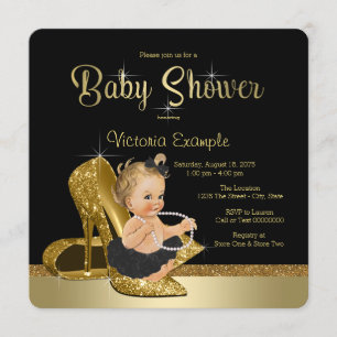 Invitation Ballerina Pearls Black Gold Chaussure Baby shower