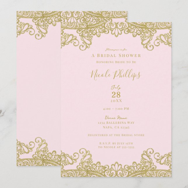 Invitation Ballerina Pink & Gold Lace Elégante Fête des marié (Devant / Derrière)