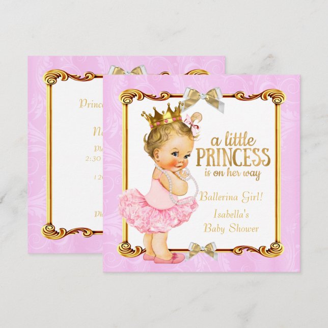 Invitation Ballerina Princess Baby shower Rose Gold Blonde (Devant / Derrière)