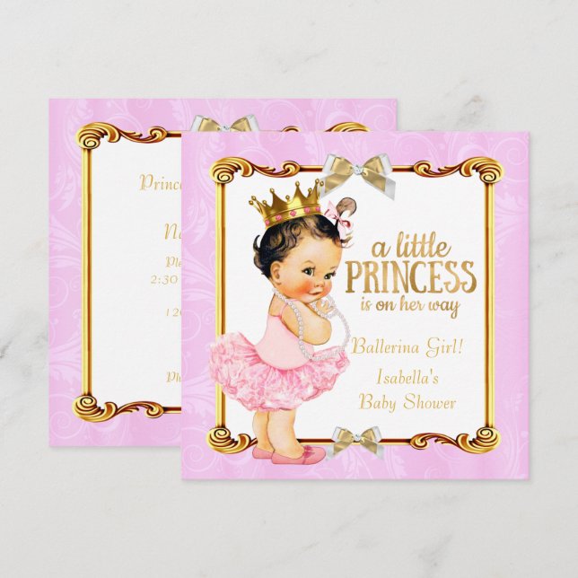 Invitation Ballerina Princess Baby shower Rose Gold Brunette (Devant / Derrière)