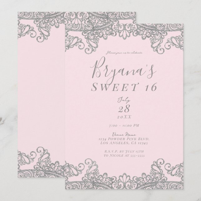 Invitation Ballerina Rose Argent Parties scintillant Dentelle (Devant / Derrière)