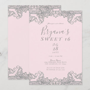 Invitation Ballerina Rose Argent Parties scintillant Dentelle