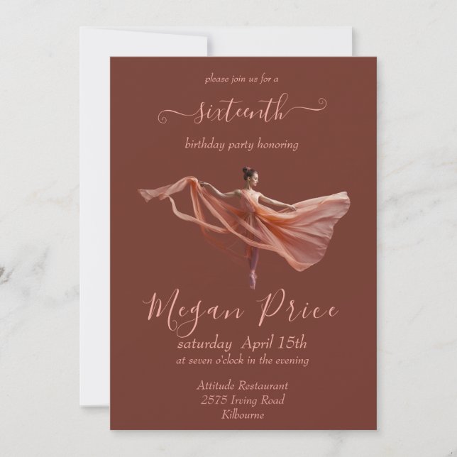 Invitation Ballerina rose et bordeaux, seize ans (Devant)