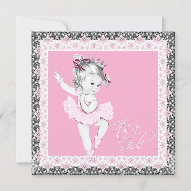 Invitation Ballerina rose et gris Baby Girl Douche (Devant)