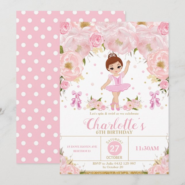 Invitation Ballerina rose florale Anniversaire Tutu Ballet Da (Devant / Derrière)