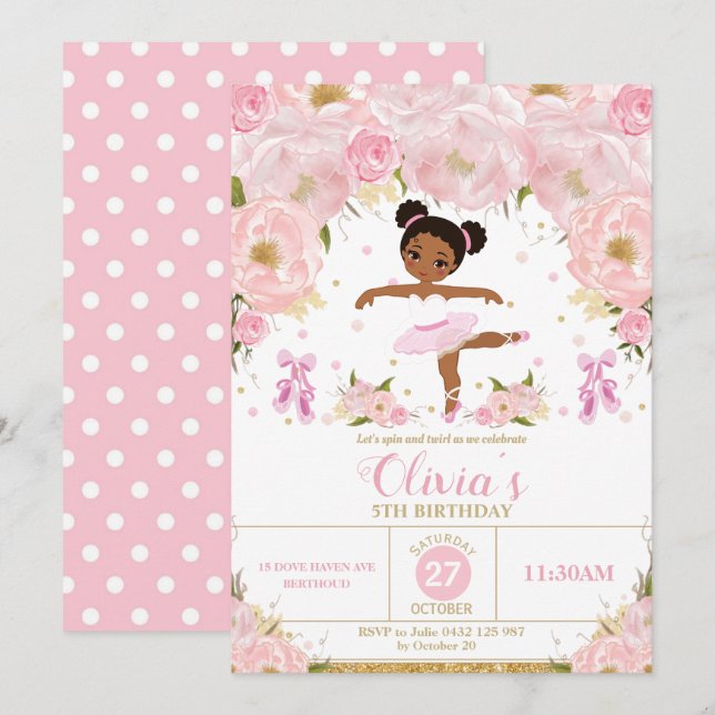 Invitation Ballerina rose florale Anniversaire Tutu Ballet Da (Devant / Derrière)