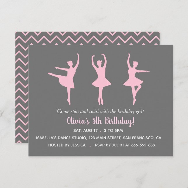Invitation Ballerina Silhouette Filles Anniversaire (Devant / Derrière)