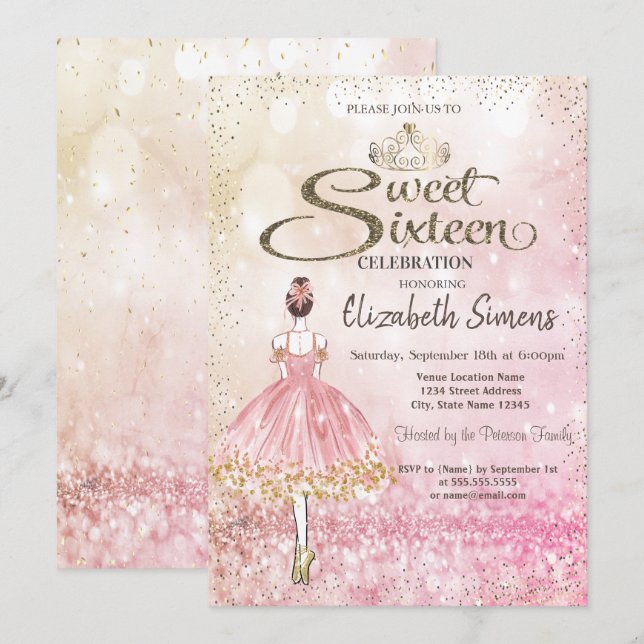 Invitation Ballerina, Tiara Princess Bokeh Sweet 16 (Devant / Derrière)