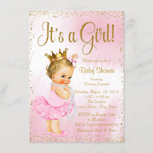 Invitation Ballerina Tutu Baby shower perle rose et or