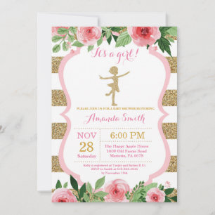 Invitation Ballerine Baby Shower Fuschsa und Gold Glitter